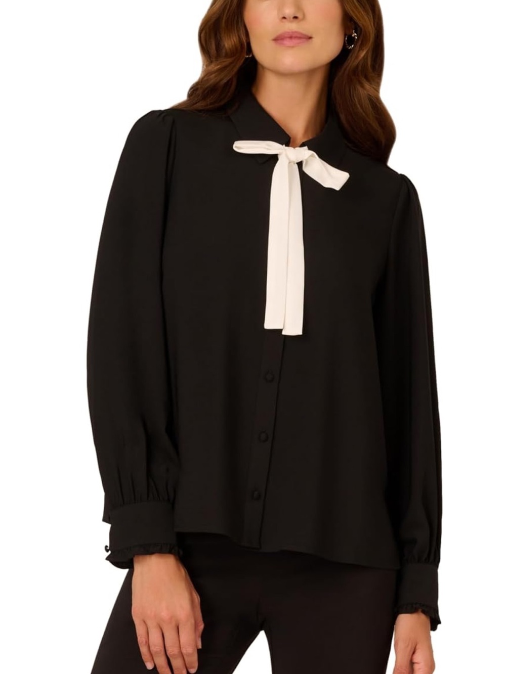 Adrianna Papell Black Button-Front Blouse with Cream Neck Tie